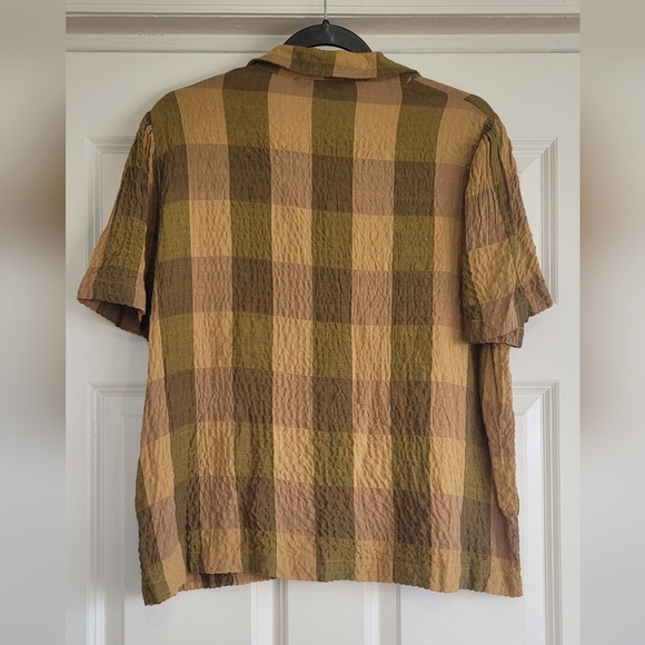 Jane + Delancey Mustard & Brown Gingham Plaid Gauzy Camp Shirt - Size L - Picture 2 of 8